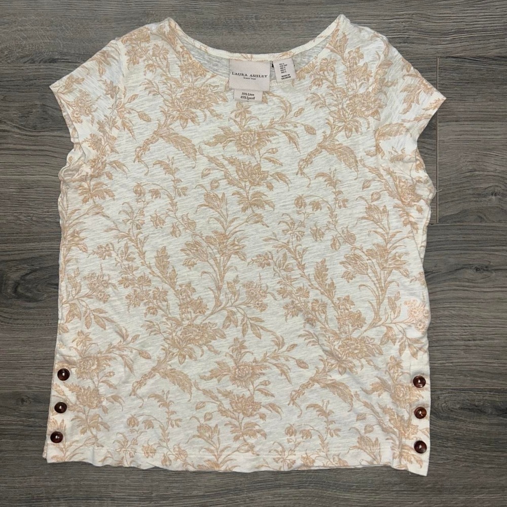 Laura Ashley cream & tan floral linen & lyocell blouse with button